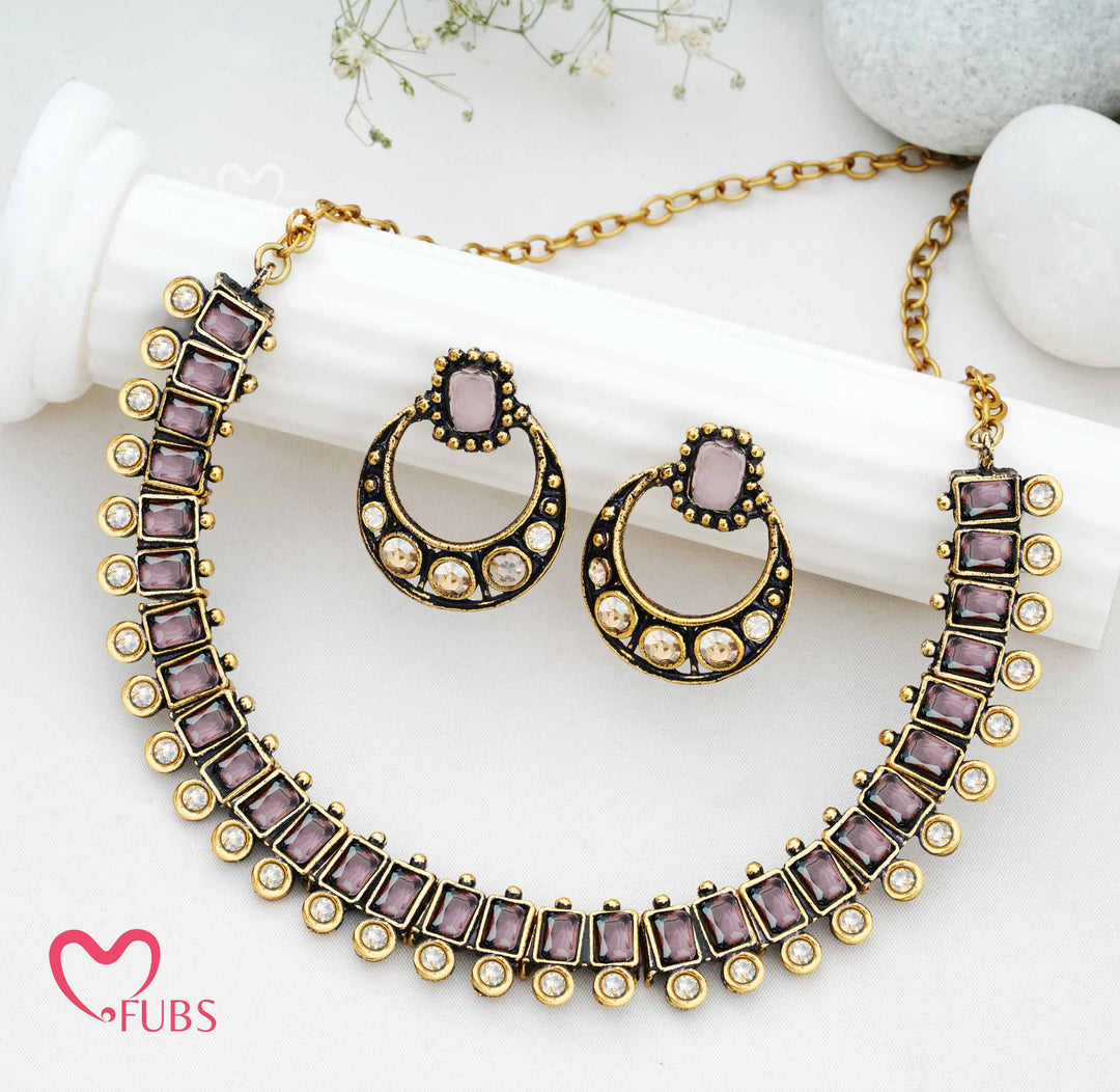 Traditional Geometric Necklace Set with Oxidized Half-Hoop Earrings