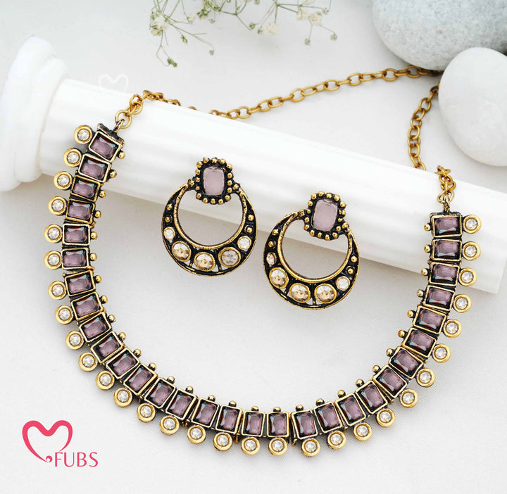 Traditional Geometric Necklace Set with Oxidized Half-Hoop Earrings