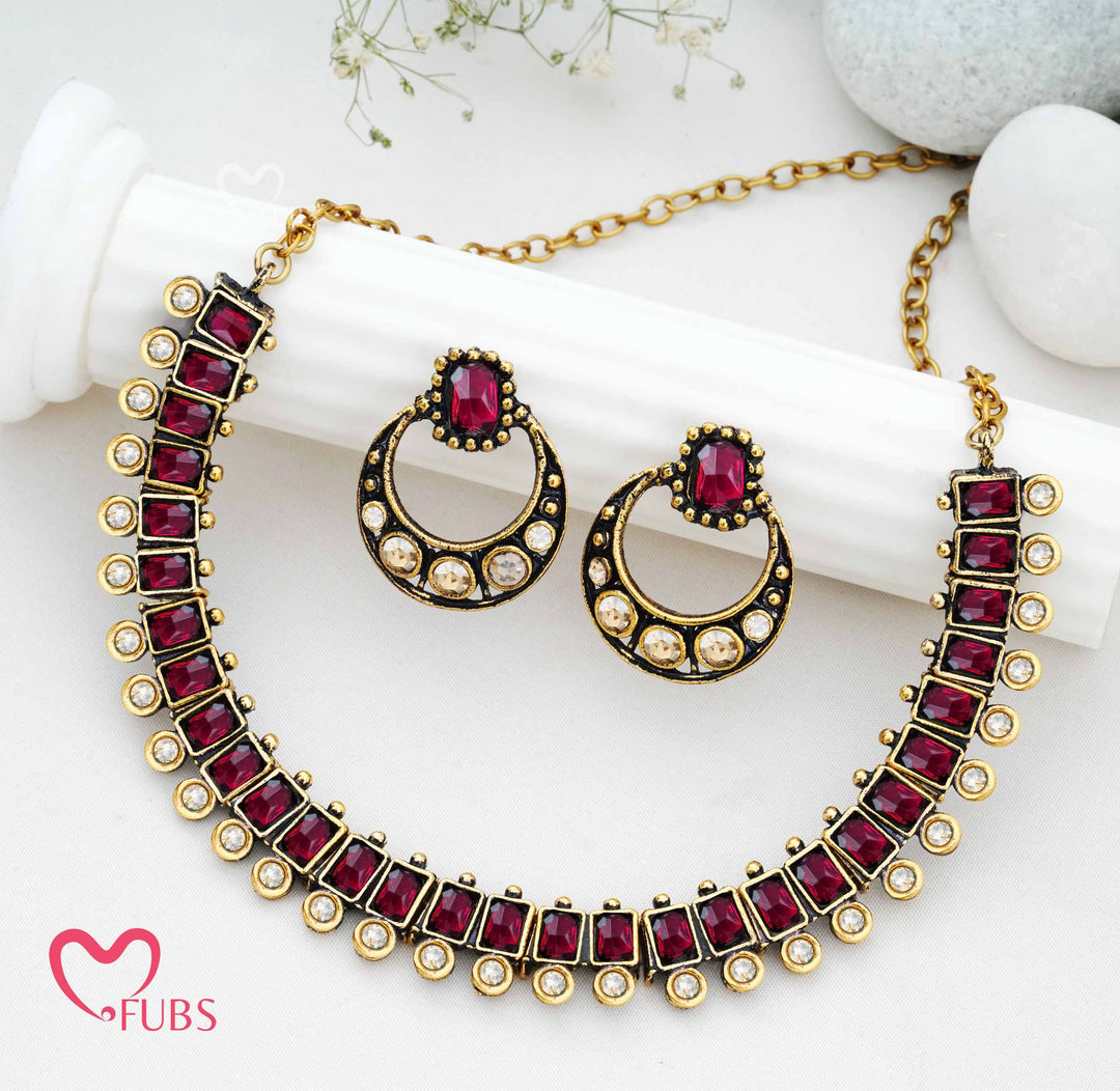 Traditional Geometric Necklace Set with Oxidized Half-Hoop Earrings