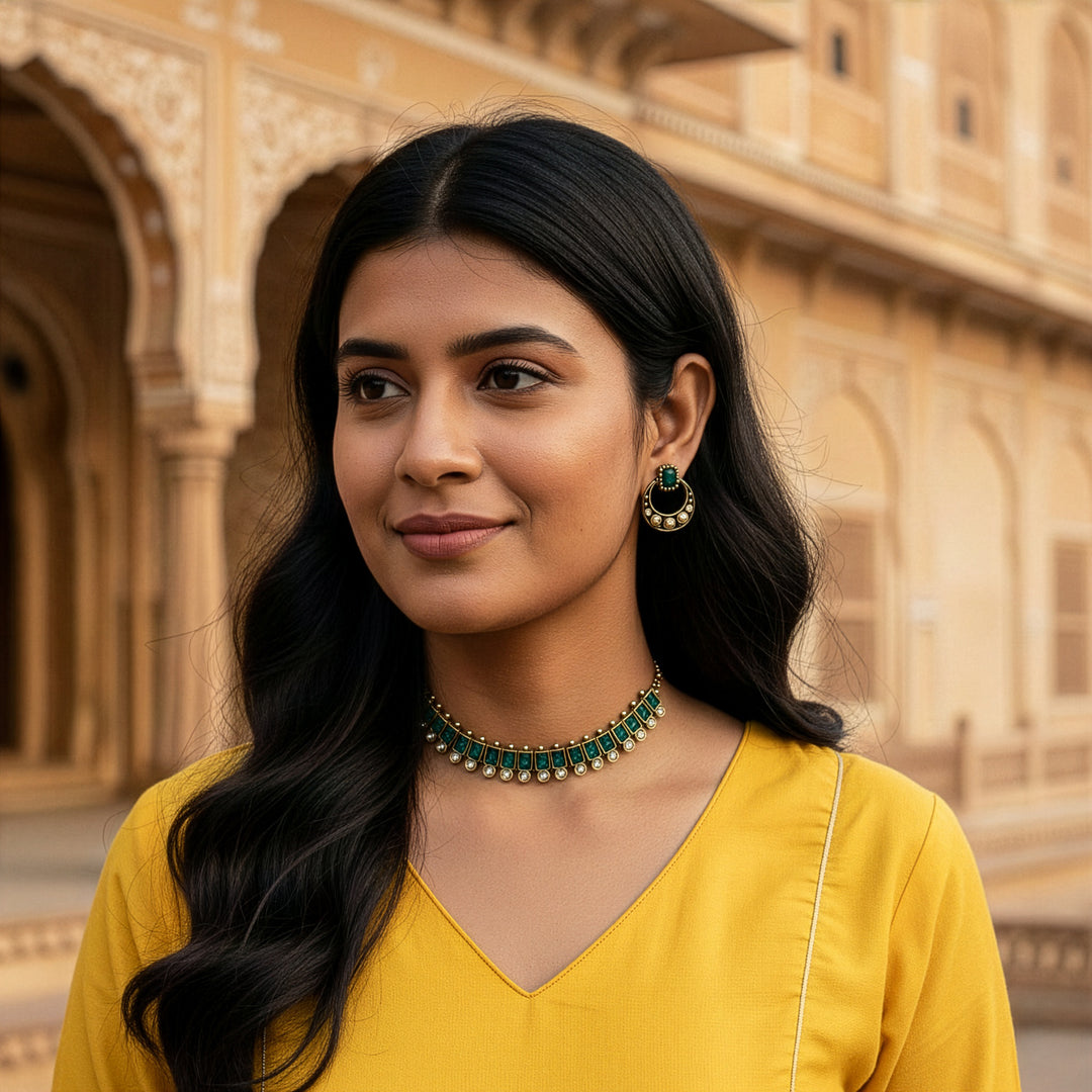 Traditional Geometric Necklace Set with Oxidized Half-Hoop Earrings