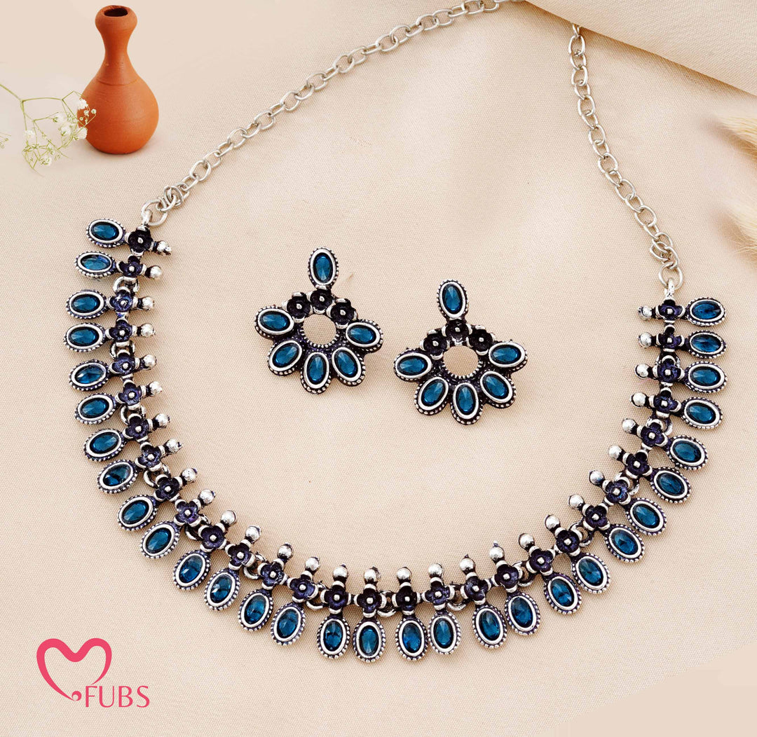 Traditional Oxidized Silver-Tone Necklace Set with Statement Floral Earrings