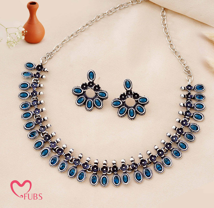 Traditional Oxidized Silver-Tone Necklace Set with Statement Floral Earrings