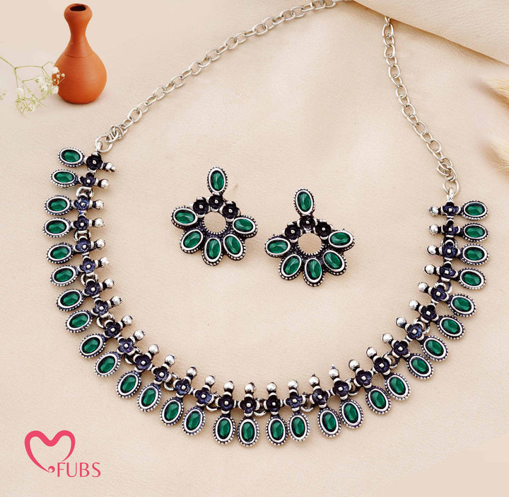 Traditional Oxidized Silver-Tone Necklace Set with Statement Floral Earrings