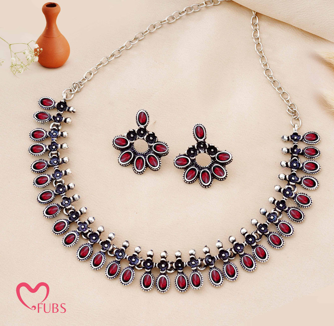 Traditional Oxidized Silver-Tone Necklace Set with Statement Floral Earrings