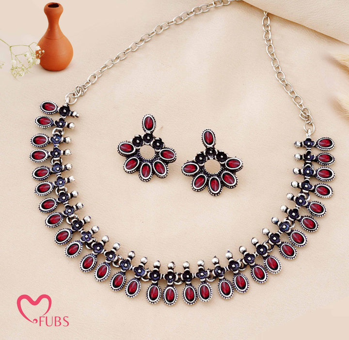Traditional Oxidized Silver-Tone Necklace Set with Statement Floral Earrings