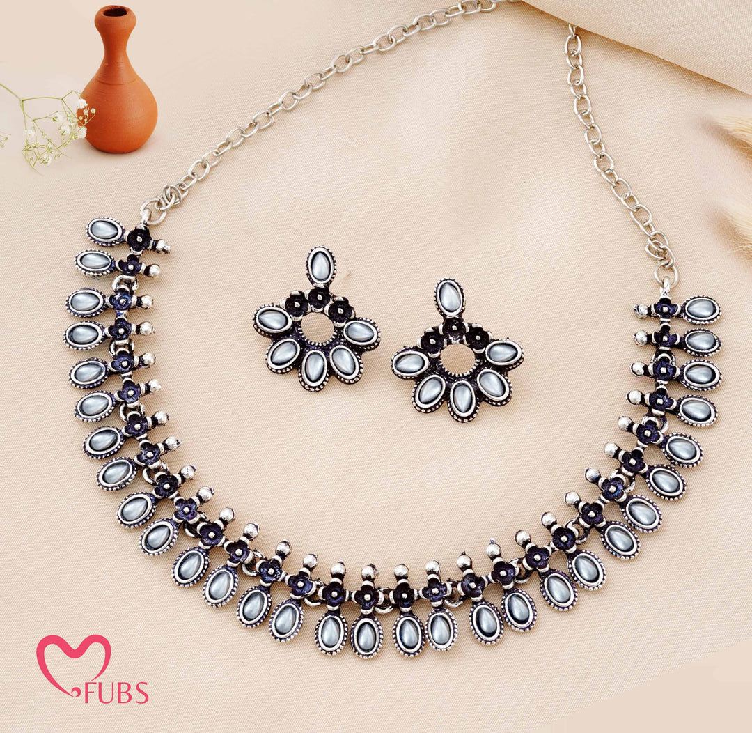 Traditional Oxidized Silver-Tone Necklace Set with Statement Floral Earrings