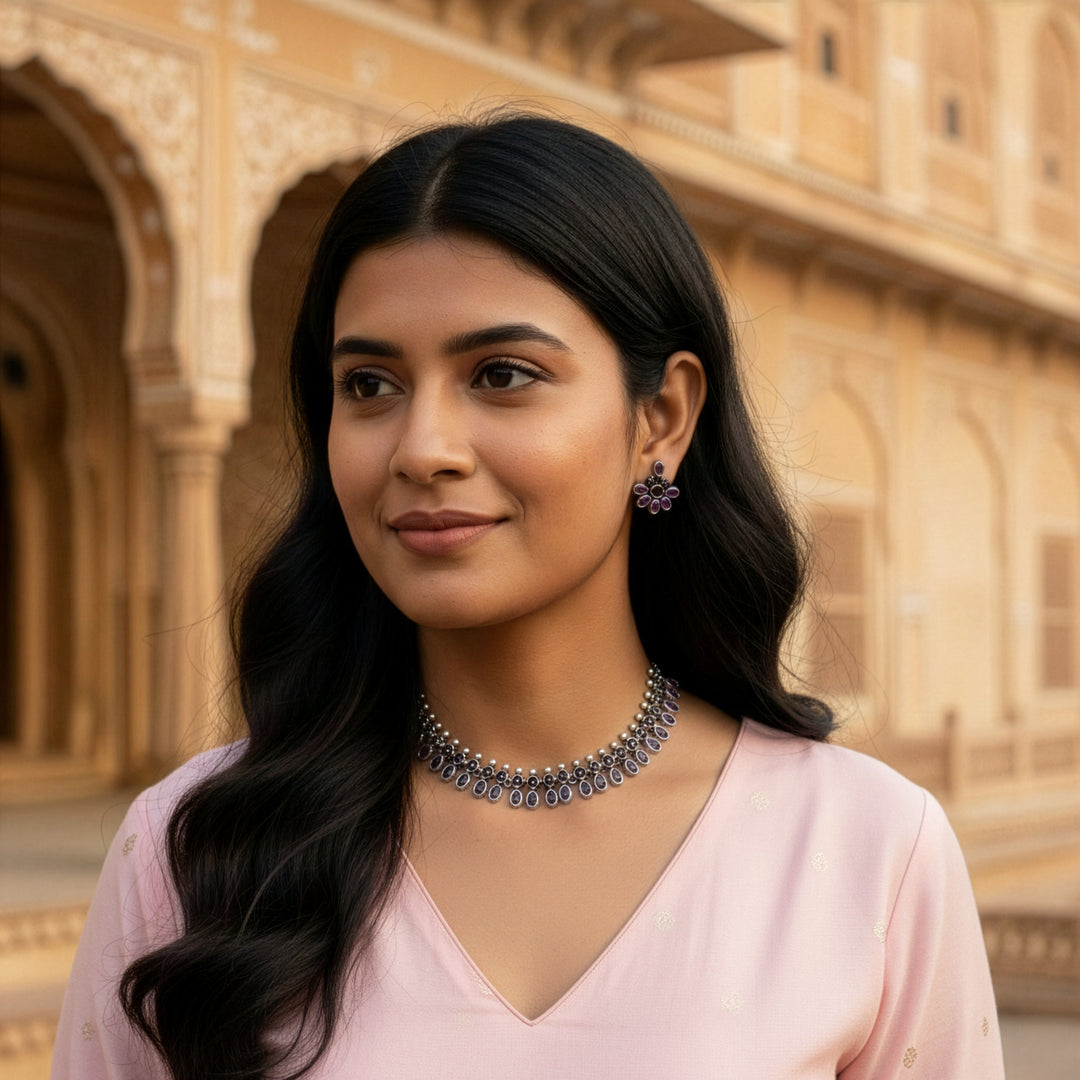 Traditional Oxidized-Tone Necklace Set with Statement Floral Earrings