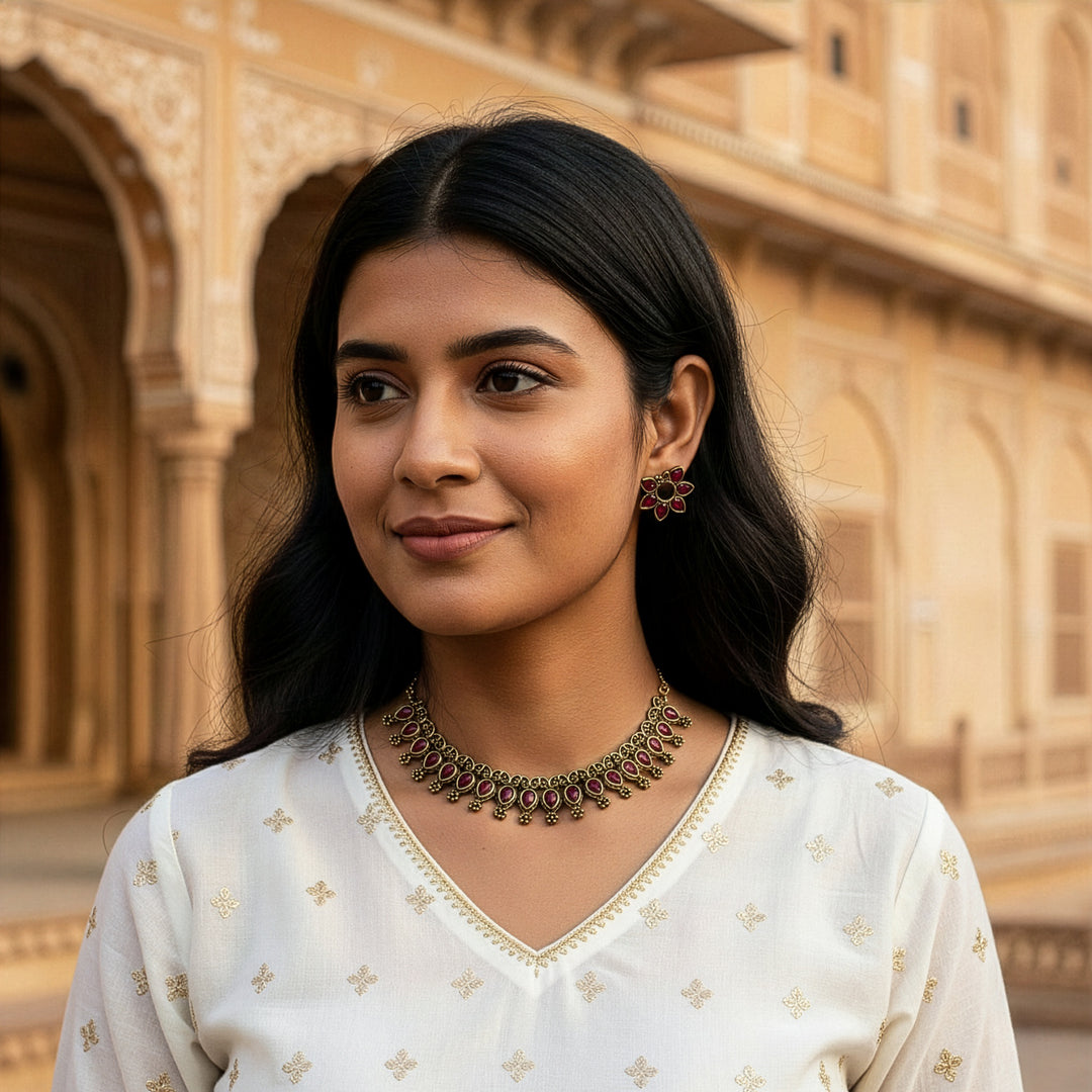 Traditional Antique Finish Necklace Set with Teardrop & Floral Motifs