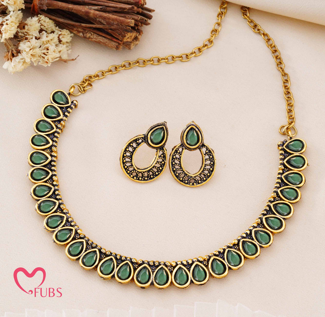 Traditional Antique Finish Necklace Set with Teardrop Stones & Half-Hoop Earrings