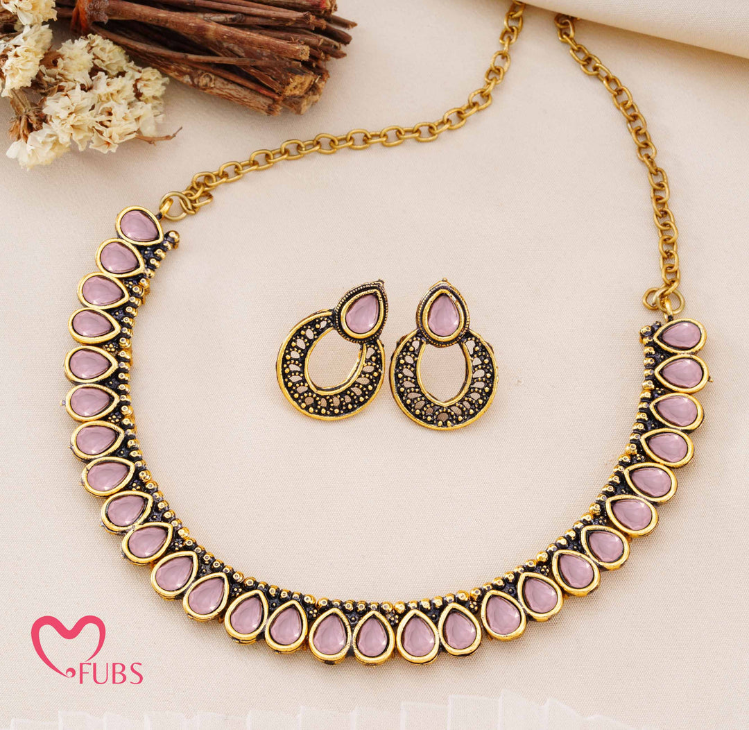 Traditional Antique Finish Necklace Set with Teardrop Stones & Half-Hoop Earrings