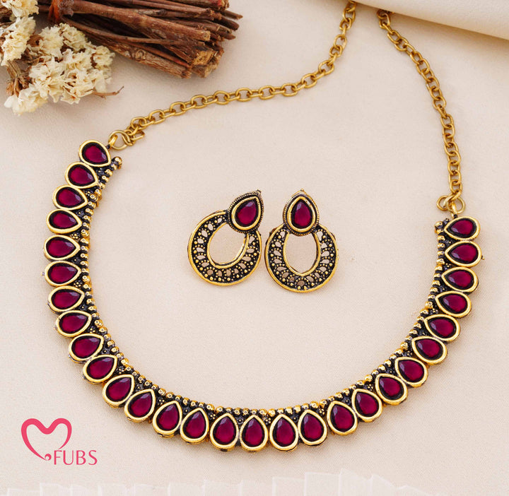 Traditional Antique Finish Necklace Set with Teardrop Stones & Half-Hoop Earrings