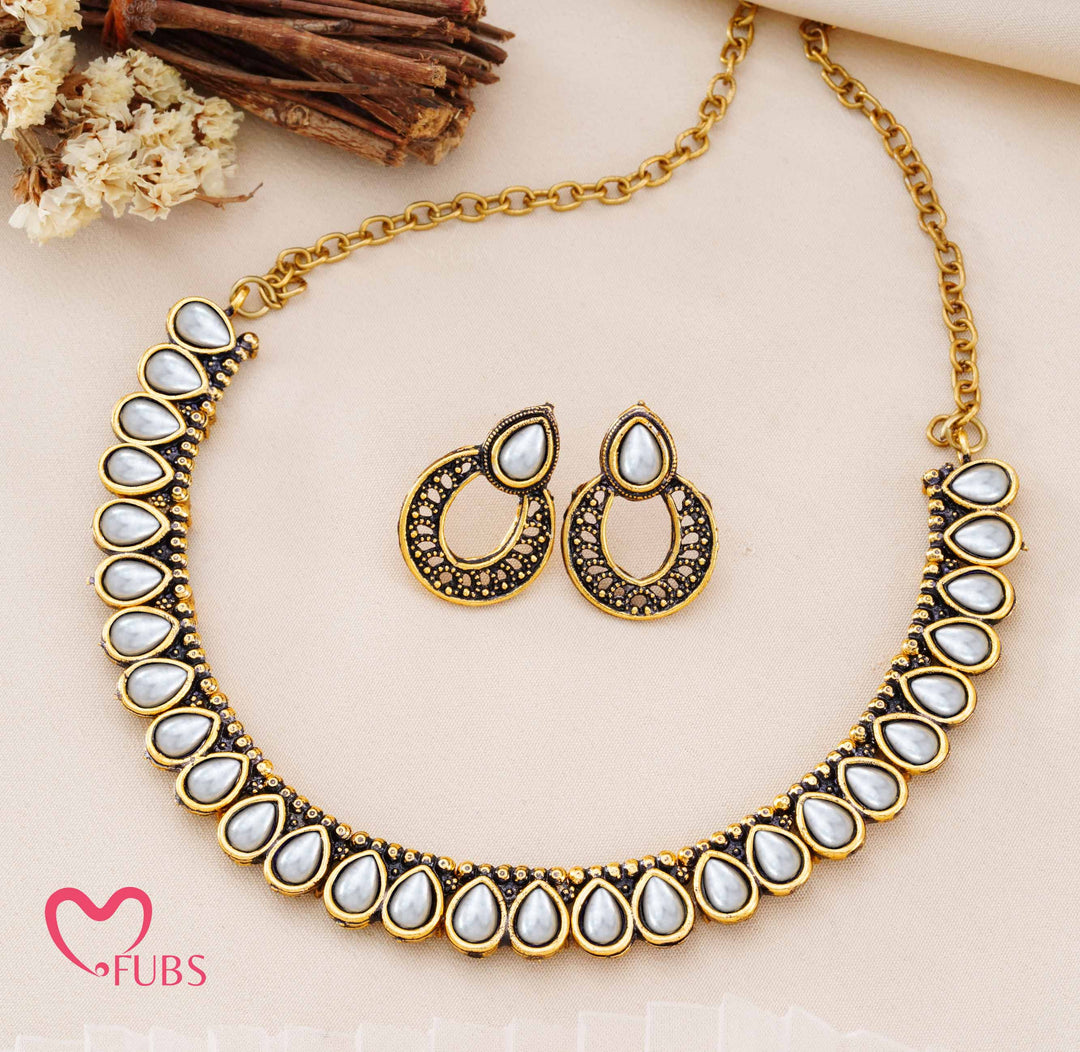 Traditional Antique Finish Necklace Set with Teardrop Stones & Half-Hoop Earrings