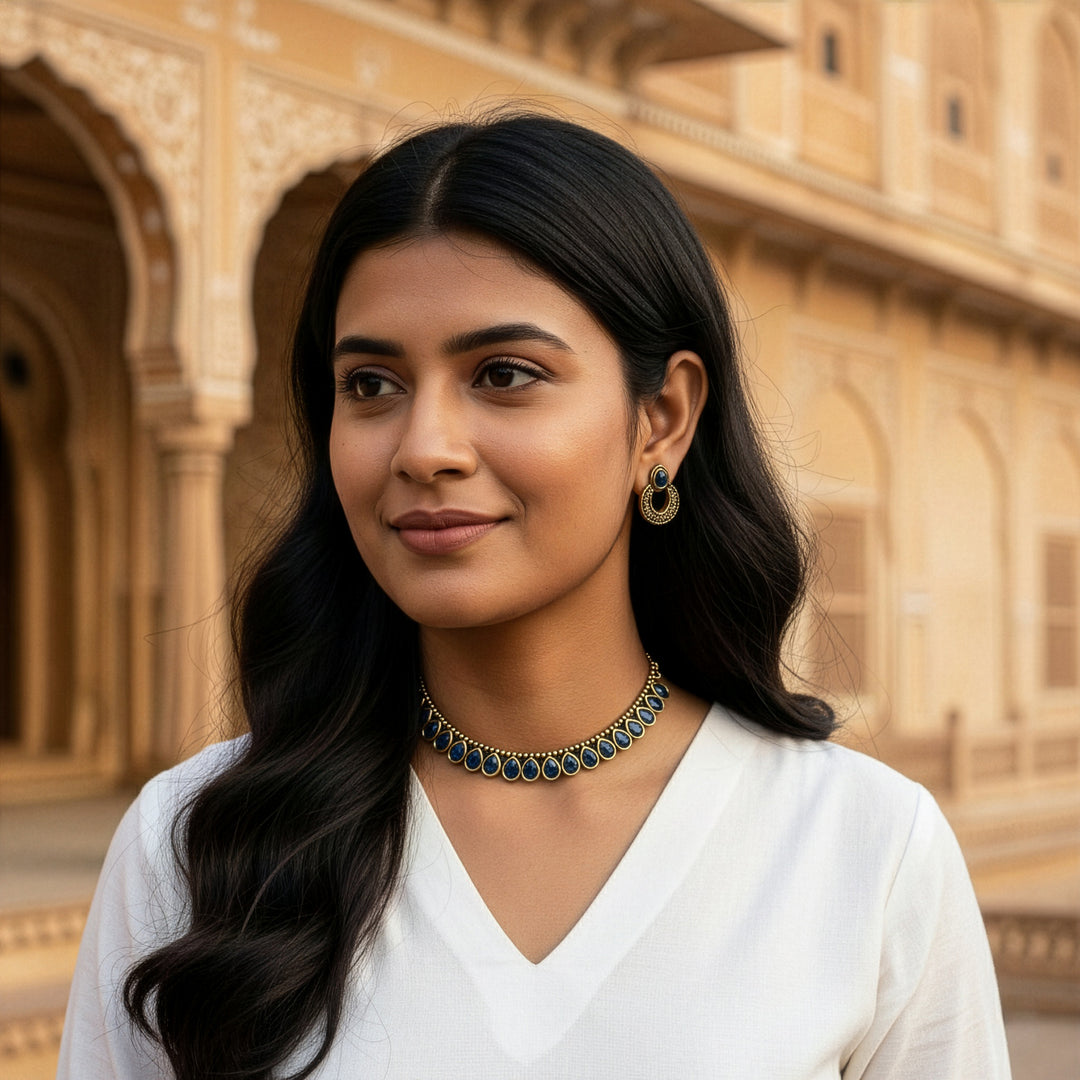 Traditional Antique Finish Necklace Set with Teardrop Stones & Half-Hoop Earrings