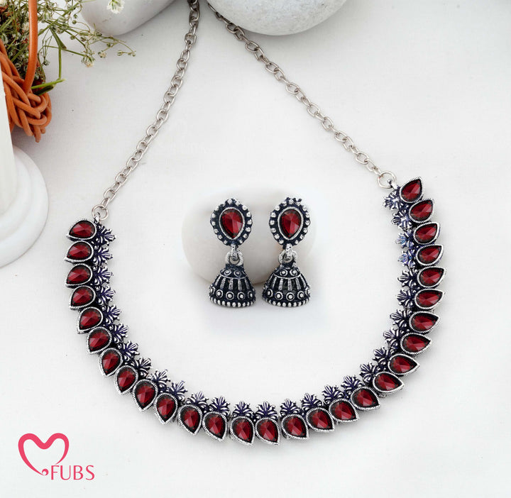 Traditional Oxidized Silver-Tone Necklace Set with Jhumka Earrings