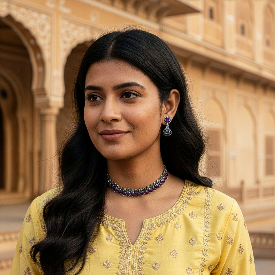 Traditional Oxidized-Tone Necklace Set with Jhumka Earrings