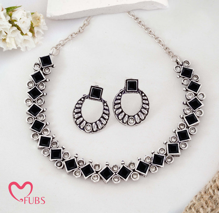Oxidized Silver-Tone Geometric Necklace Set with Diamond & Square Stones