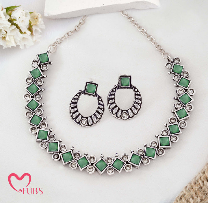 Oxidized Silver-Tone Geometric Necklace Set with Diamond & Square Stones