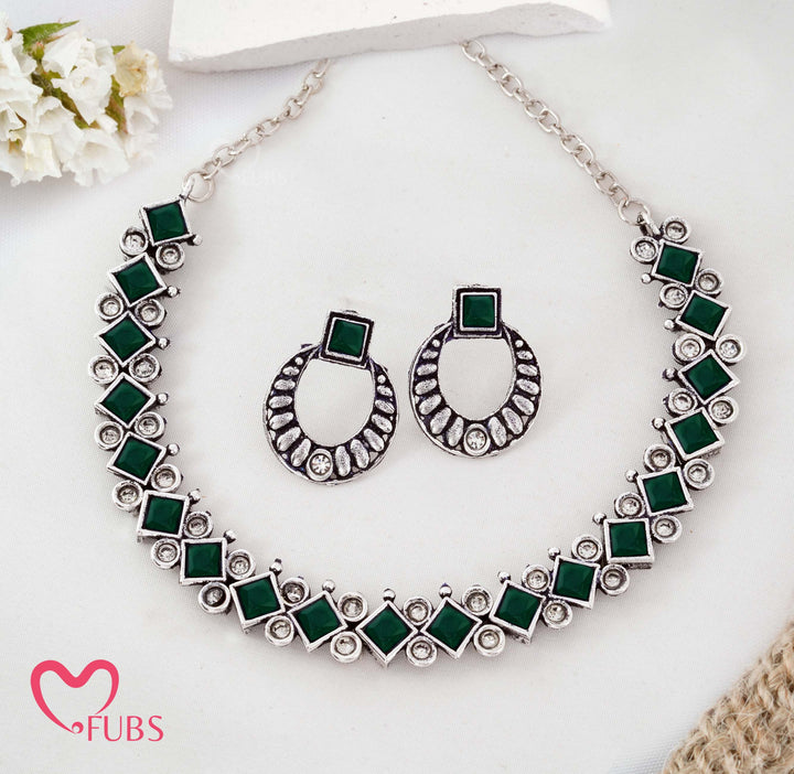 Oxidized Silver-Tone Geometric Necklace Set with Diamond & Square Stones