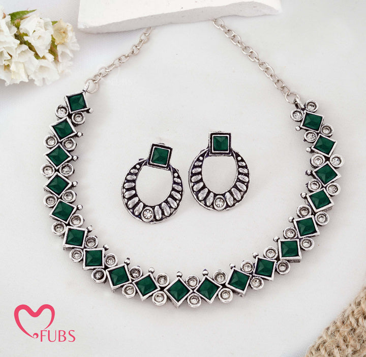 Oxidized Silver-Tone Geometric Necklace Set with Diamond & Square Stones