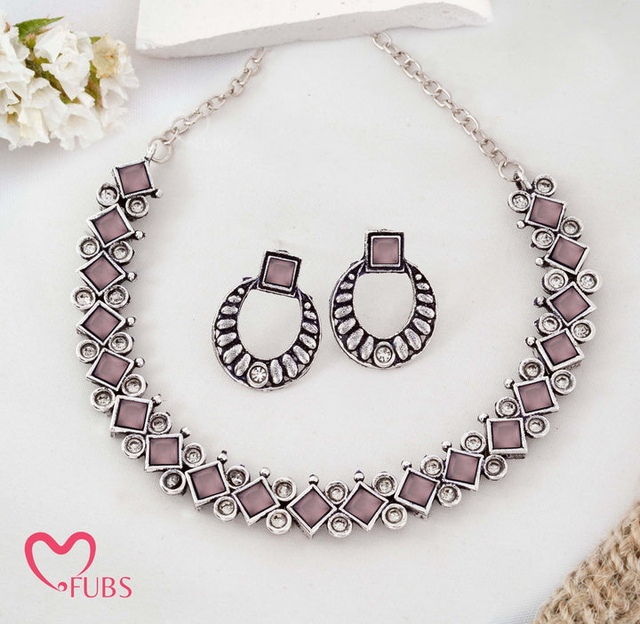 Oxidized Silver-Tone Geometric Necklace Set with Diamond & Square Stones