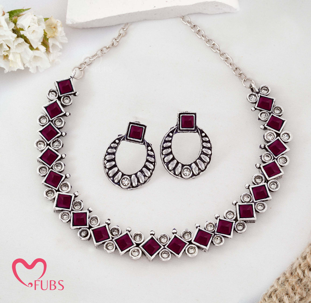 Oxidized Silver-Tone Geometric Necklace Set with Diamond & Square Stones