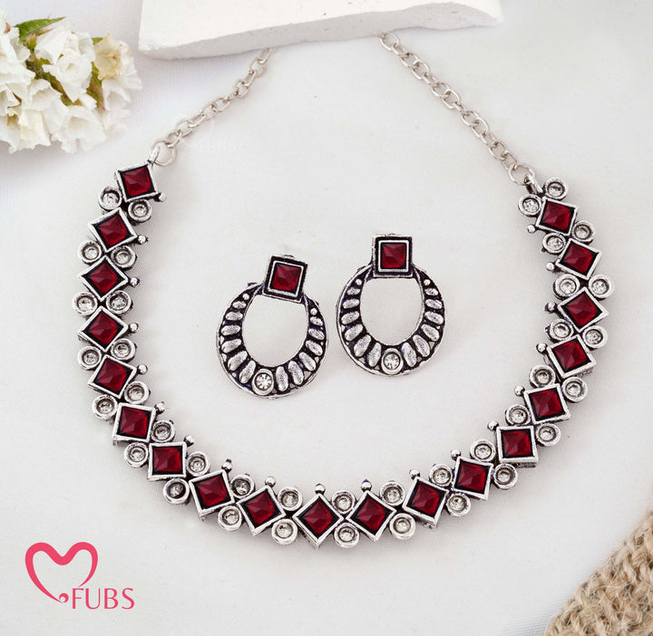 Oxidized Silver-Tone Geometric Necklace Set with Diamond & Square Stones