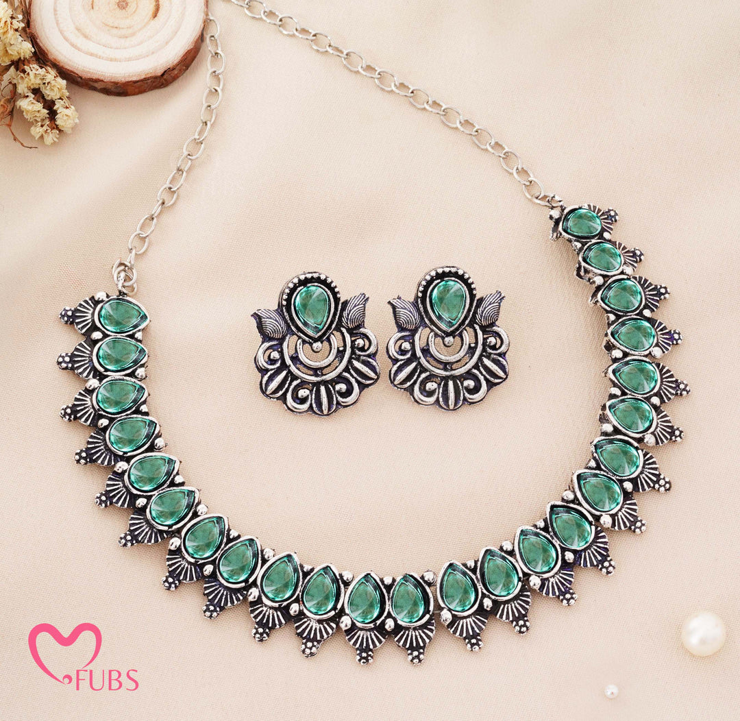 Traditional Oxidized Silver-Tone Necklace Set with Petal Stones