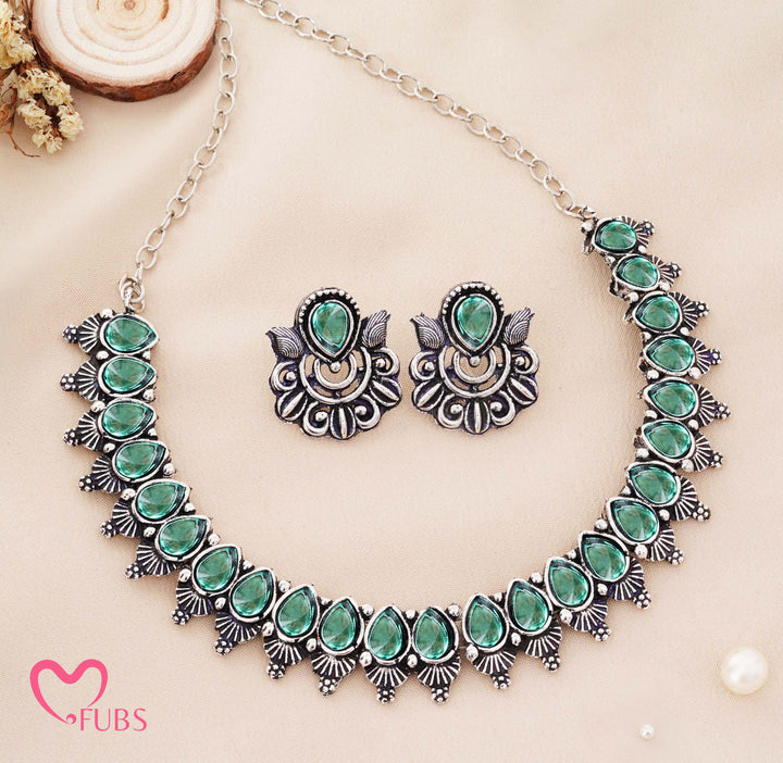 Traditional Oxidized Silver-Tone Necklace Set with Petal Stones