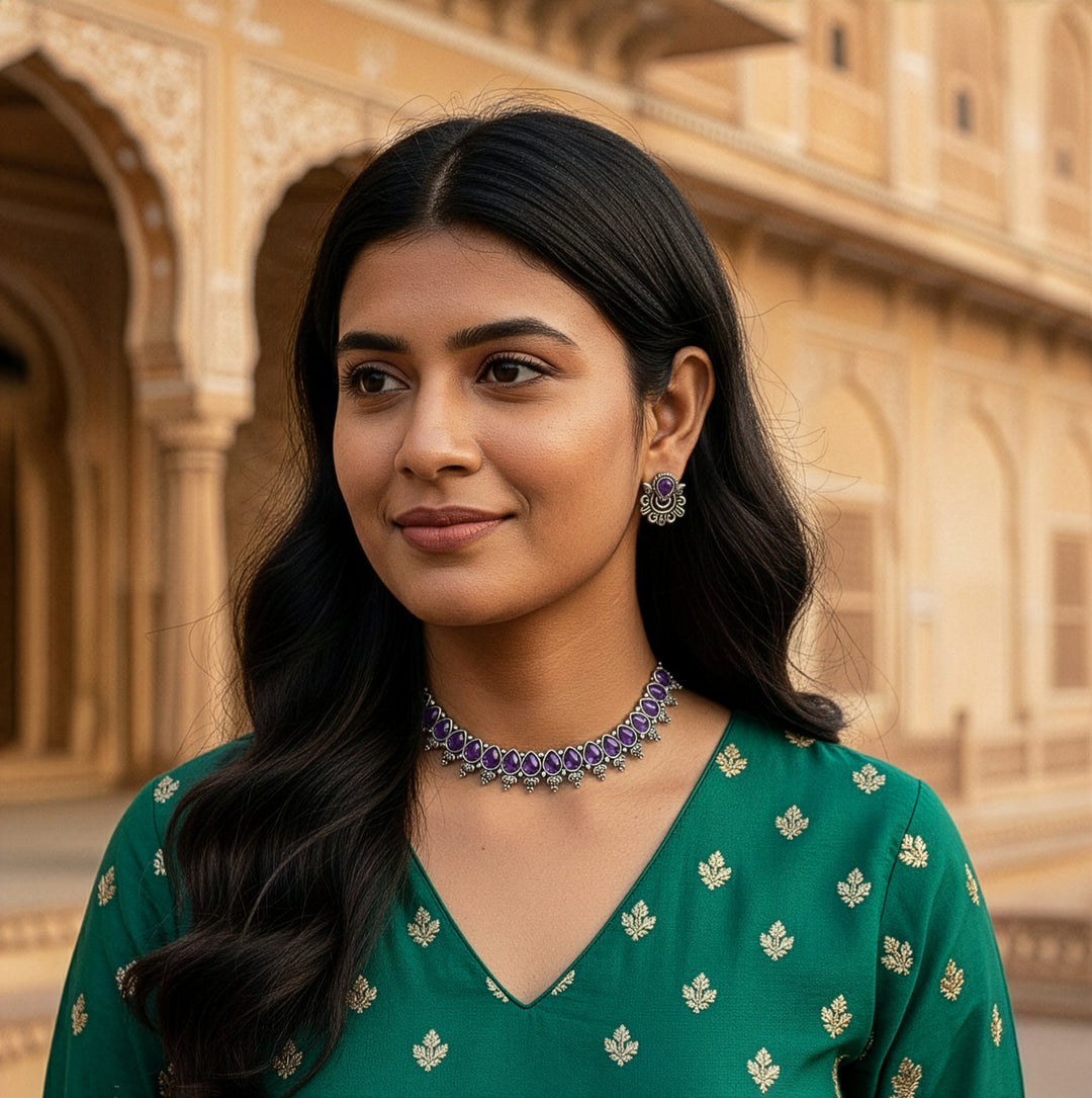 Traditional Oxidized-Tone Necklace Set with Petal Stones