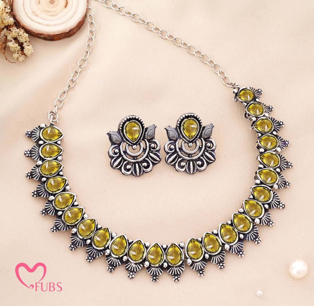 Traditional Oxidized Silver-Tone Necklace Set with Petal Stones