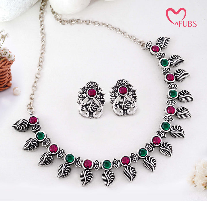 Traditional Oxidized Silver-Tone Necklace Set with Intricate Leaf Motifs
