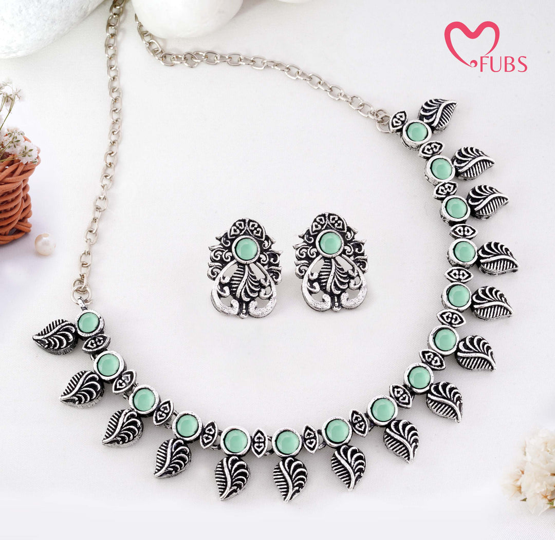 Traditional Oxidized Silver-Tone Necklace Set with Intricate Leaf Motifs