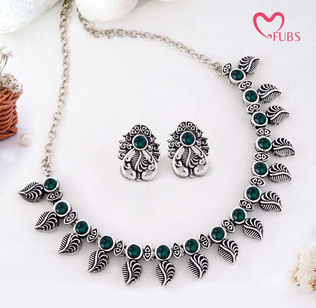 Traditional Oxidized Silver-Tone Necklace Set with Intricate Leaf Motifs