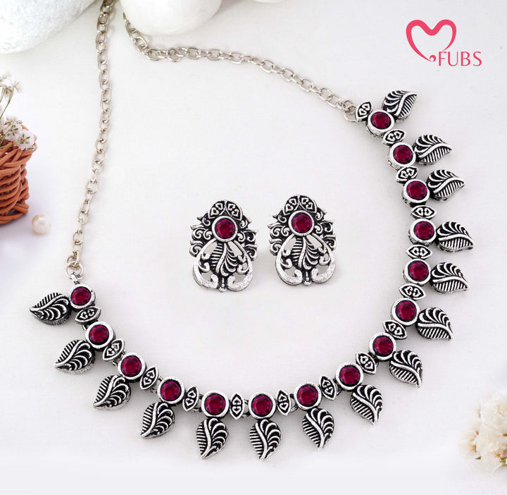 Traditional Oxidized Silver-Tone Necklace Set with Intricate Leaf Motifs