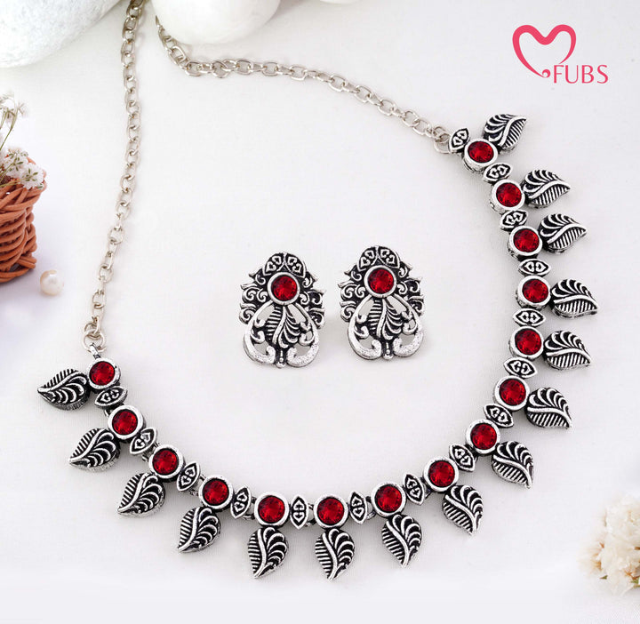 Traditional Oxidized Silver-Tone Necklace Set with Intricate Leaf Motifs