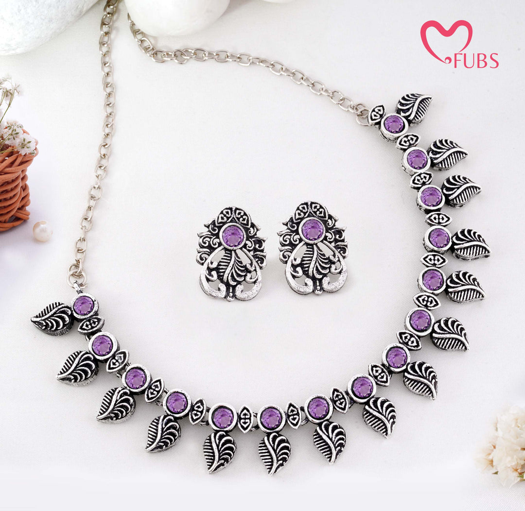 Traditional Oxidized Silver-Tone Necklace Set with Intricate Leaf Motifs