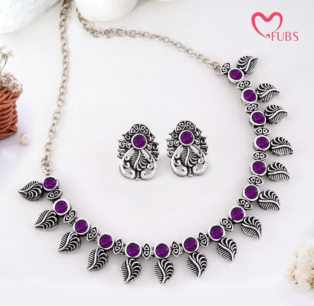 Traditional Oxidized Silver-Tone Necklace Set with Intricate Leaf Motifs