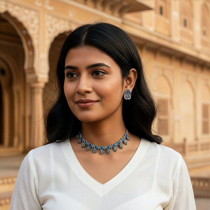 Traditional Oxidized-Tone Necklace Set with Intricate Leaf Motifs