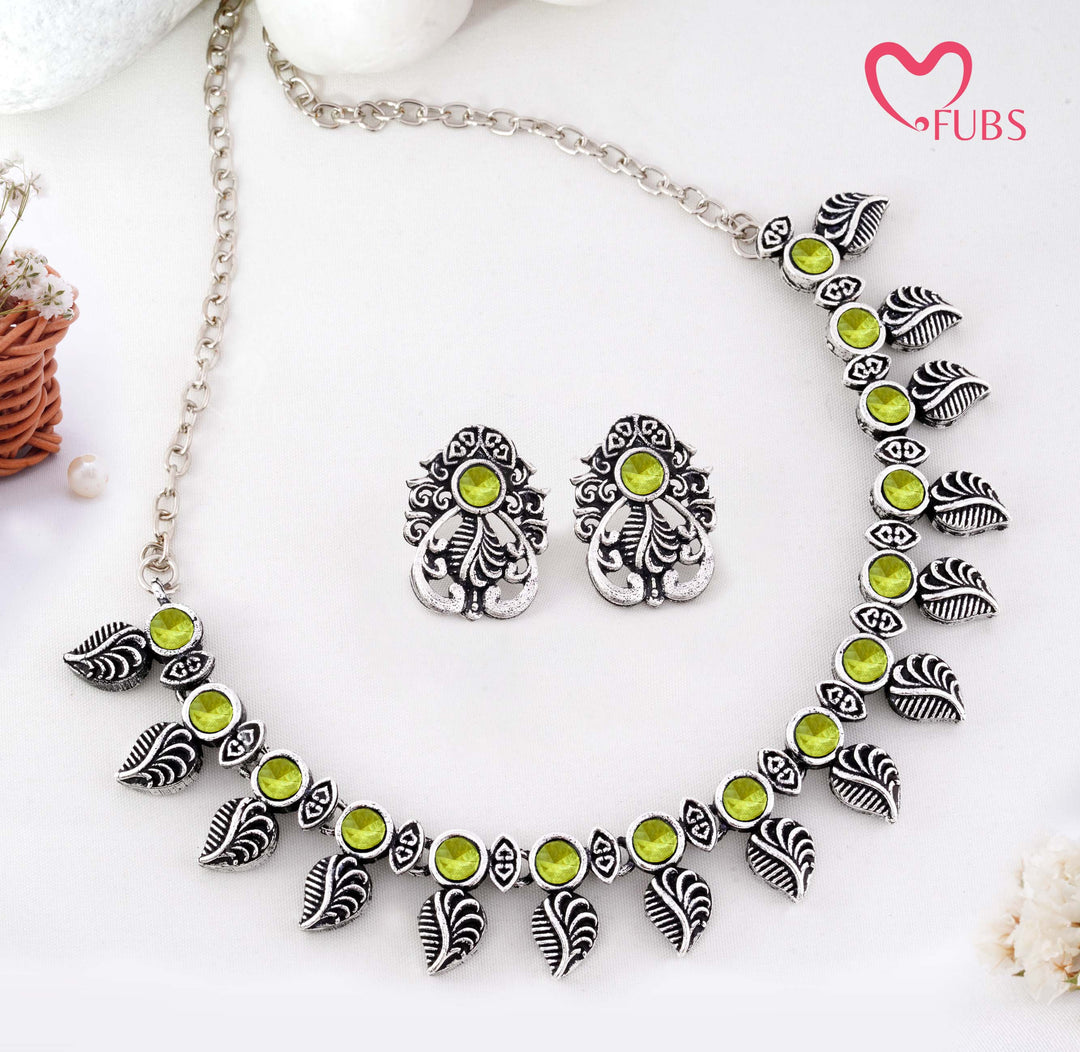 Traditional Oxidized Silver-Tone Necklace Set with Intricate Leaf Motifs