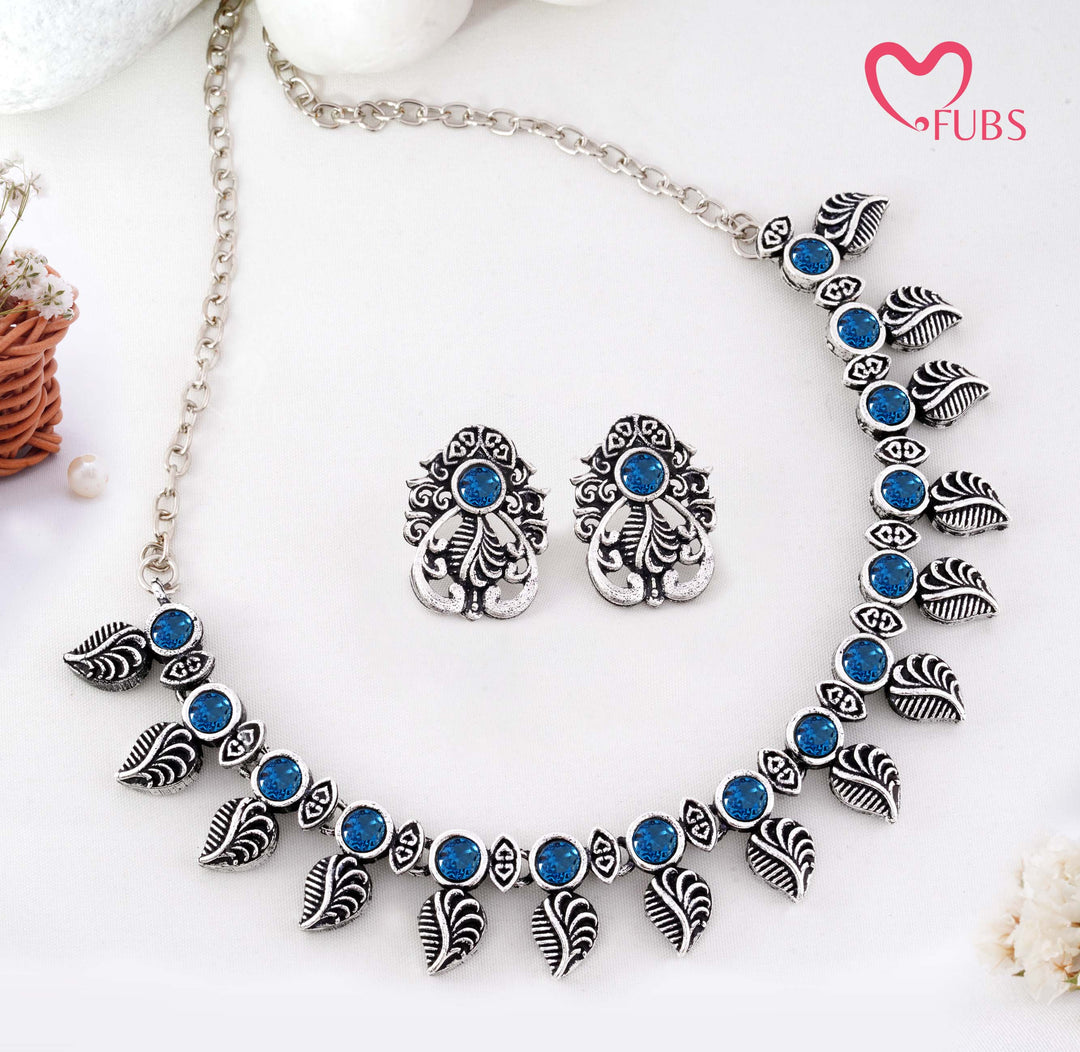 Traditional Oxidized Silver-Tone Necklace Set with Intricate Leaf Motifs