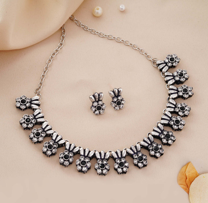 Traditional Oxidized Silver-Tone Floral Necklace Set with Stud Earrings