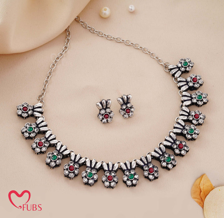 Traditional Oxidized Silver-Tone Floral Necklace Set with Stud Earrings