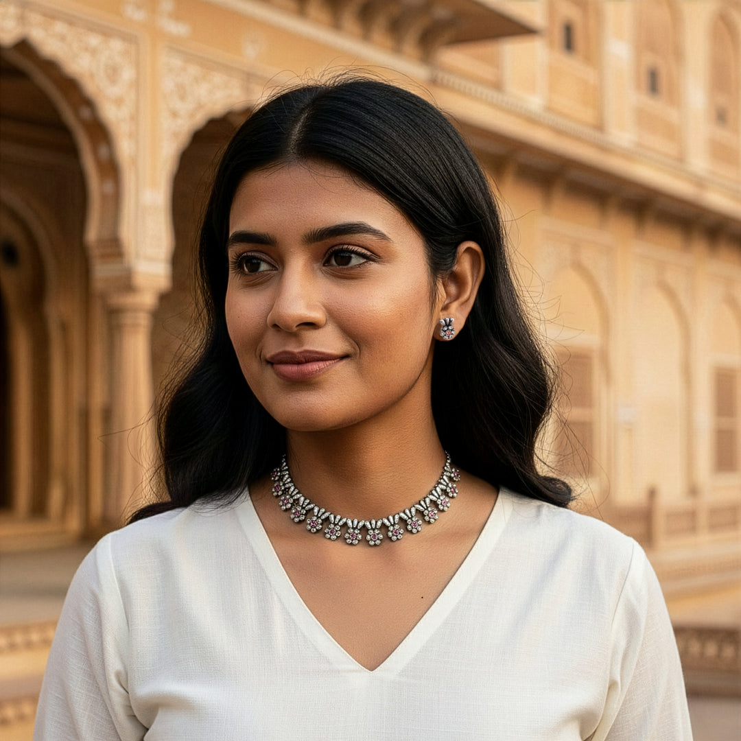 Traditional Oxidized-Tone Floral Necklace Set with Stud Earrings