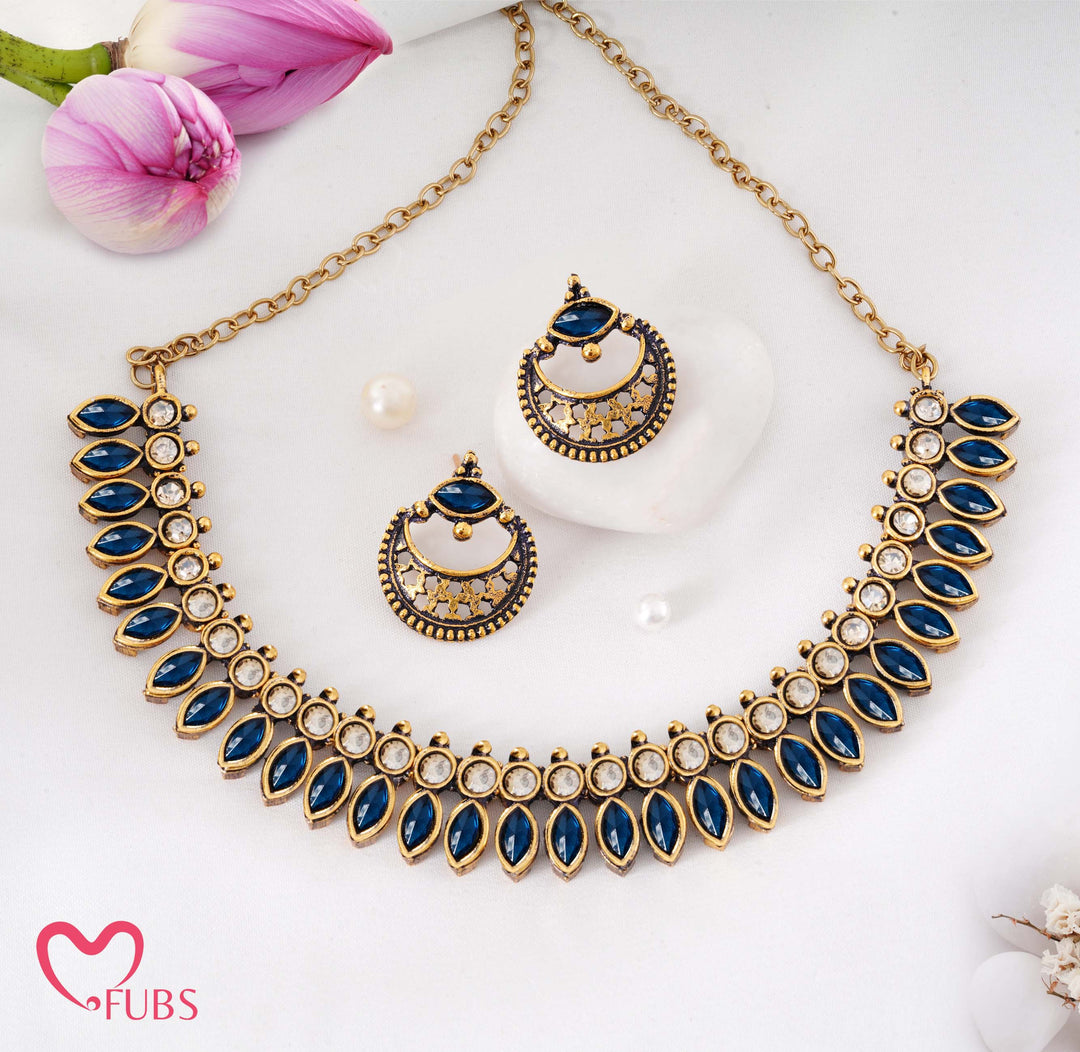 Traditional Antique Gold-Tone Necklace Set with Petal Stones & Crescent Studs