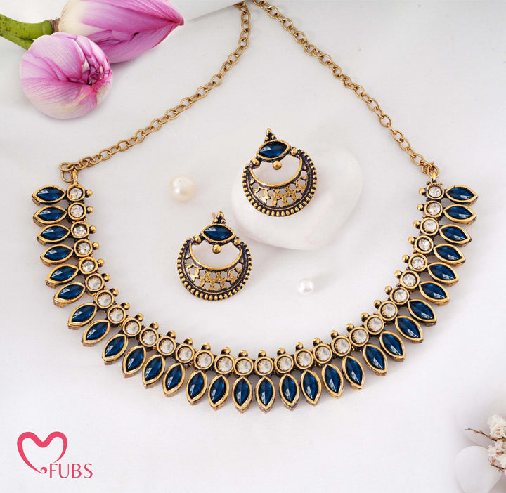 Traditional Antique Gold-Tone Necklace Set with Petal Stones & Crescent Studs