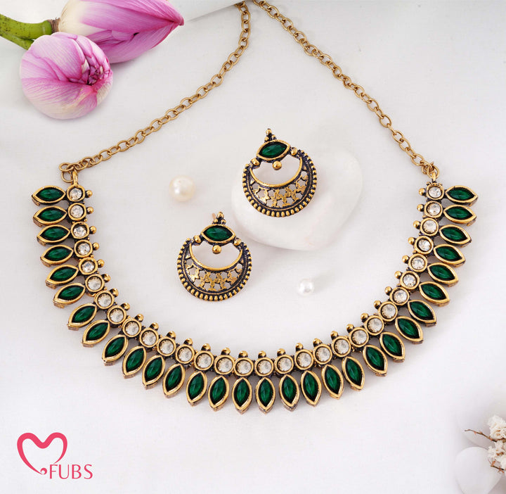 Traditional Antique Gold-Tone Necklace Set with Petal Stones & Crescent Studs