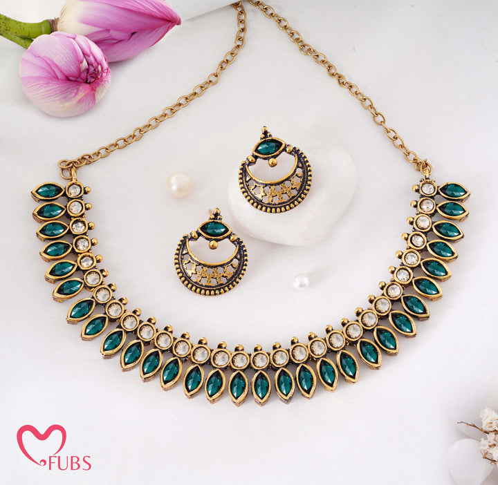 Traditional Antique Gold-Tone Necklace Set with Petal Stones & Crescent Studs