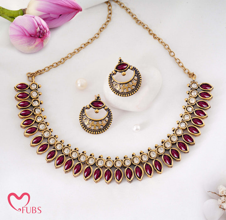 Traditional Antique Gold-Tone Necklace Set with Petal Stones & Crescent Studs