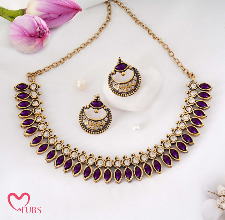 Traditional Antique Gold-Tone Necklace Set with Petal Stones & Crescent Studs