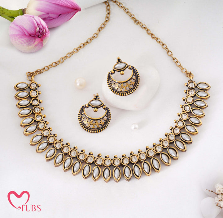 Traditional Antique Gold-Tone Necklace Set with Petal Stones & Crescent Studs